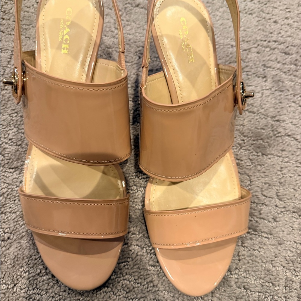 Coach Nude Patent Leather Dual-Strap Slingback Sandals